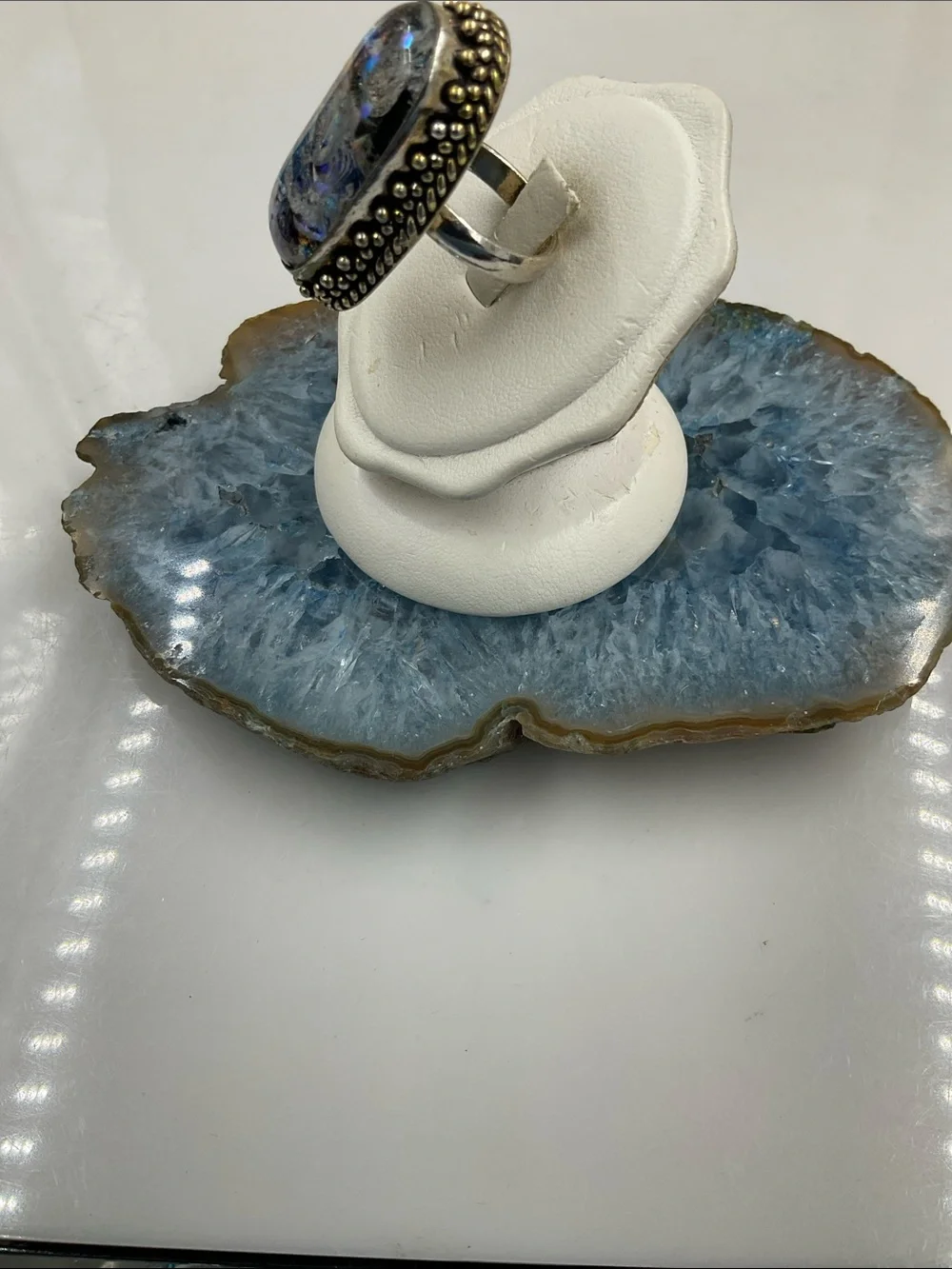 Vintage Sterling Silver Dichromic Art Glass Statement Ring Size 8 Blue-Green